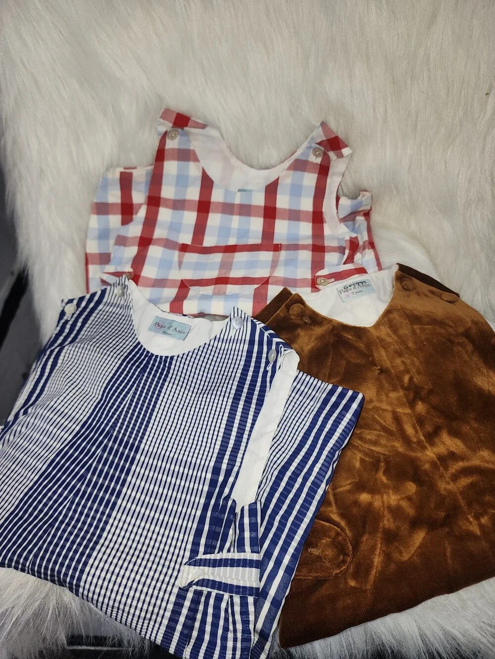 Papo d'Anjo Rompers, Size 3 Years, 3 Pieces, Blue Stripe, Red Plaid & Brown